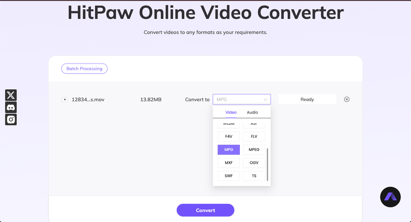 upload MOV video file and select the MPG output format