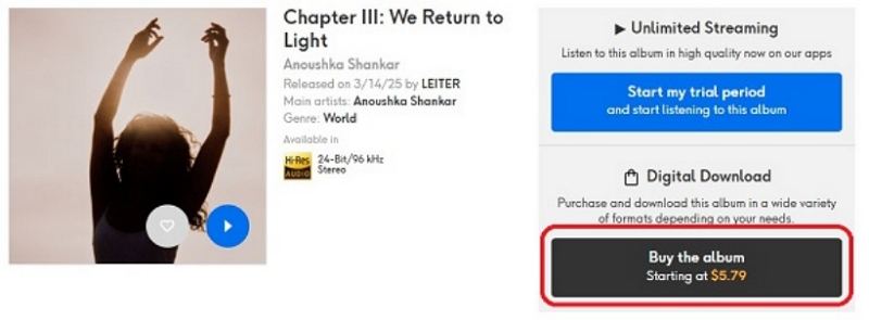 Qobuz 웹 플레이어에서 구매