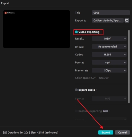 set file properties and hit export