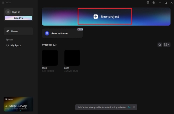 hit new project on main interface