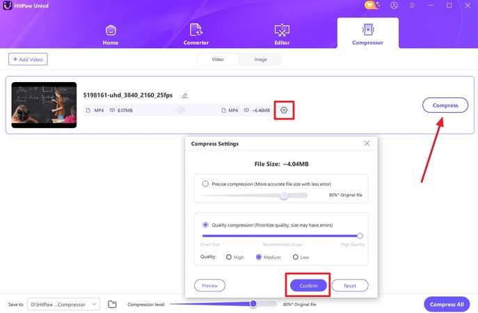 alter univd compression settings for video