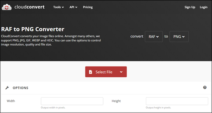 conversione RAF a PNG con CloudConvert
