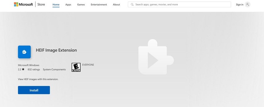 instalar extensão de imagem heif da microsoft store
