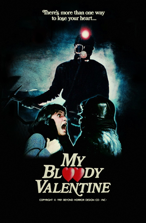 Official horror poster of My Bloody Valentine 3D with masked killer and mine setting