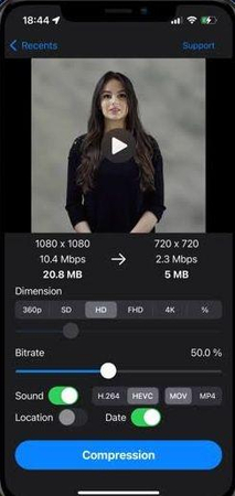 아이폰에서 비디오를 압축하기 위해 Video Compressor 앱 사용