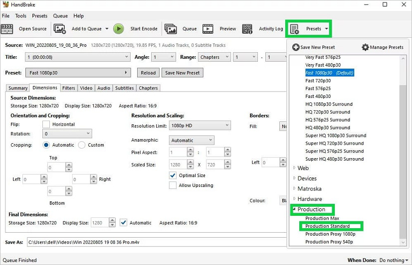 wähle sdr voreinstellung in handbrake