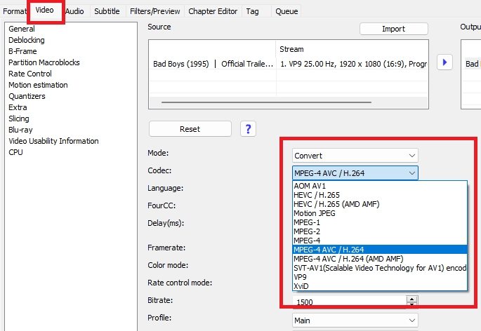 Xmedia Recode select video codec