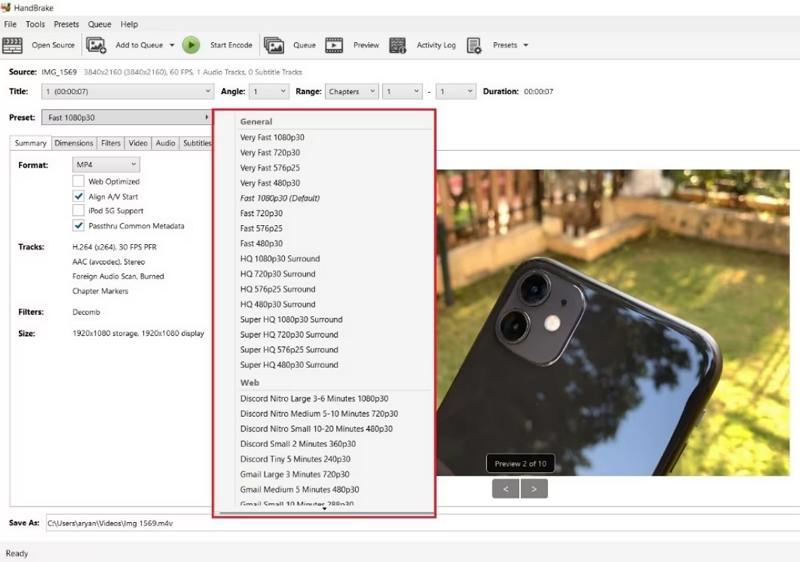 使用預設選項在HandBrake中調整影片大小