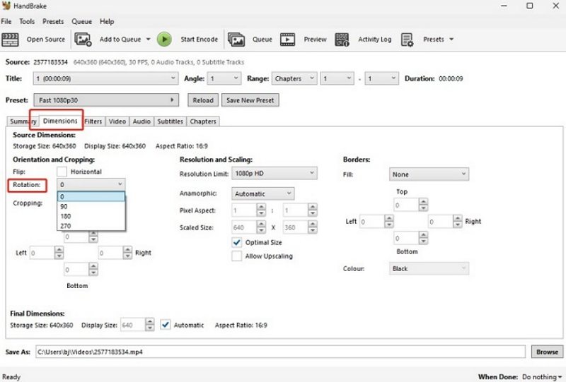 HandBrake 旋轉影片 90 度