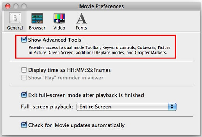 enable preferences to access advanced imovie features