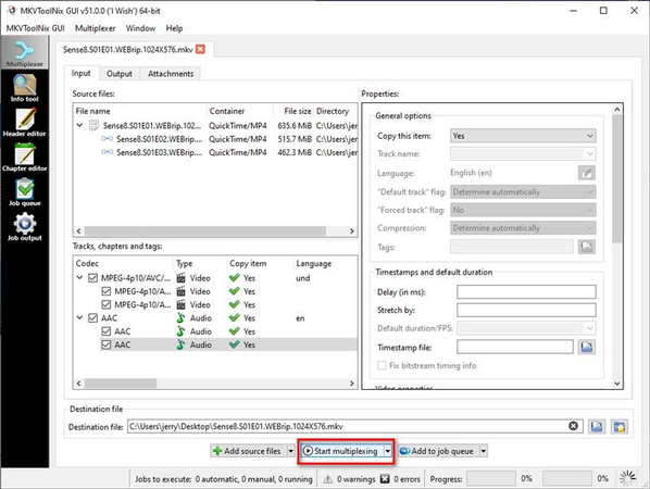 start multiplexing mkvtoolnix
