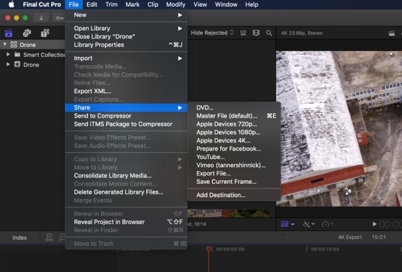 fcp export menu
