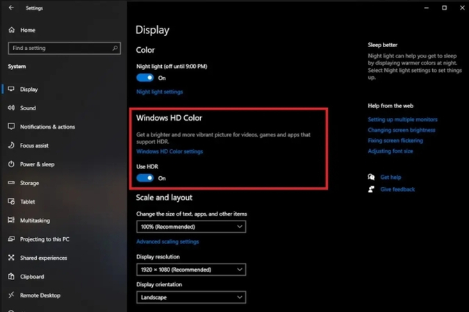 activate hdr windows 10