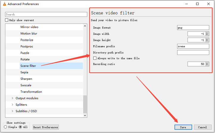 configure scene filter vlc