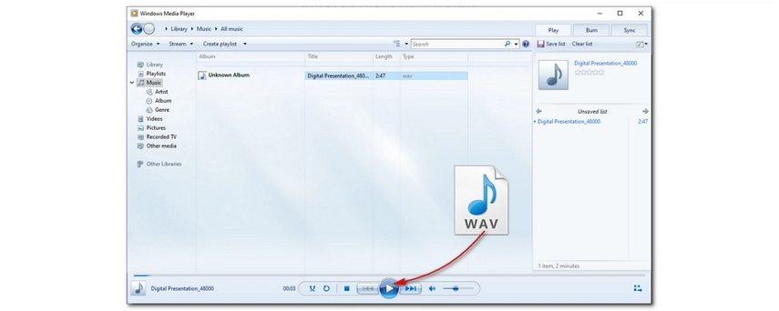 play wav on windows with windows media player