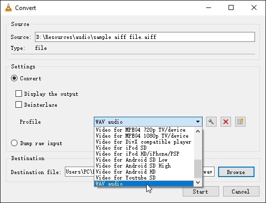 set wav as output in VLC