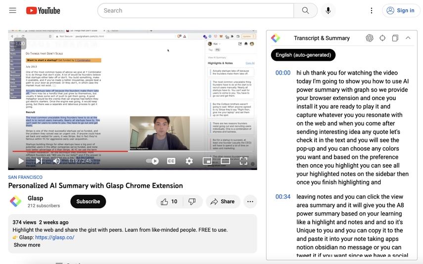 glasp extension for youtube video notes taker